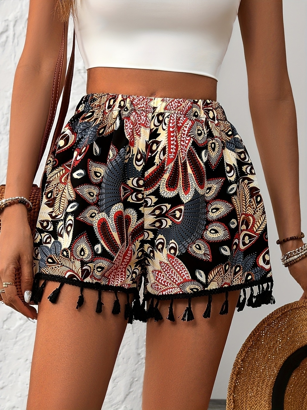 Boho Paisley Tassel Hem Elastic-Waist Shorts - Black- Full & Plus Sizes - Picture 3 of 10